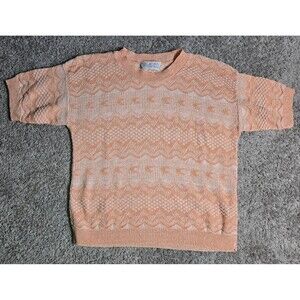 Vtg Glamour Knit Sweater Short Sleeve Shirt Orange White Women's Medium Grandma